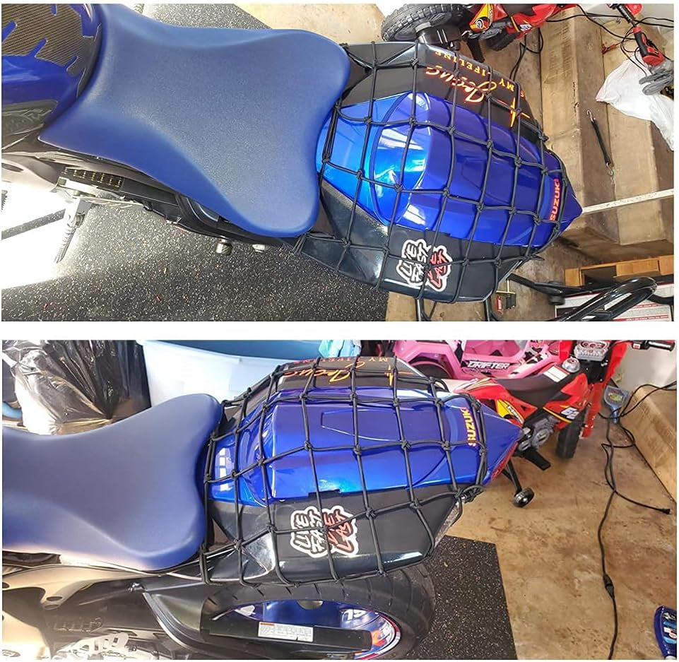 Black 15"X15" Motorcycle Cargo Net Featuring 6 Adjustable Hooks & Tight 2''X2'' Mesh Stretch up to 30'' X 30'' for Cargo Helmet Net