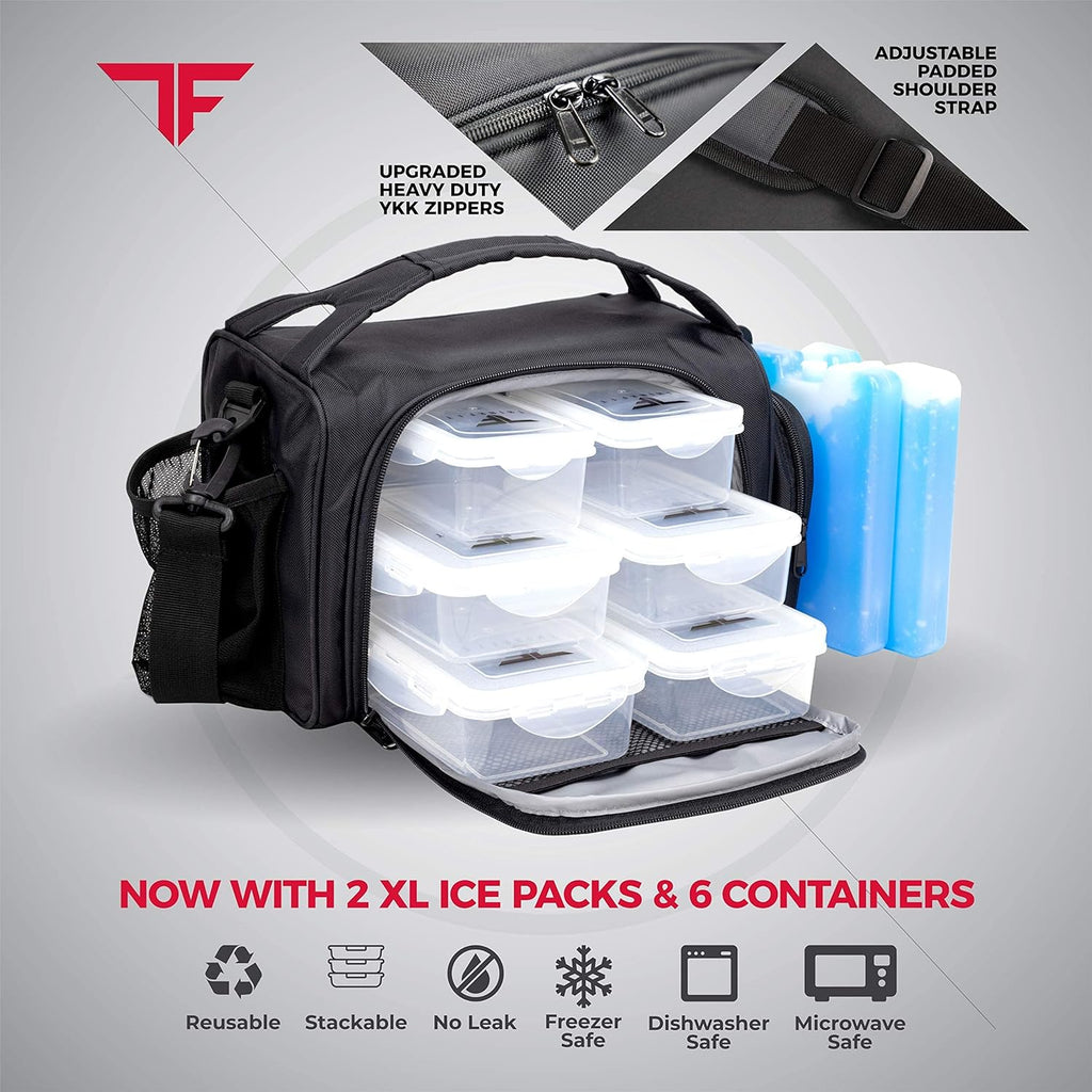 Insulated Meal Prep Lunch Box with 6 Bpa-Free, Reusable, Microwavable, Freezer Safe Food Portion-Control Containers, Shaker Cup, Pill Organizer, Lunch Bag with Storage Pocket - (Black)