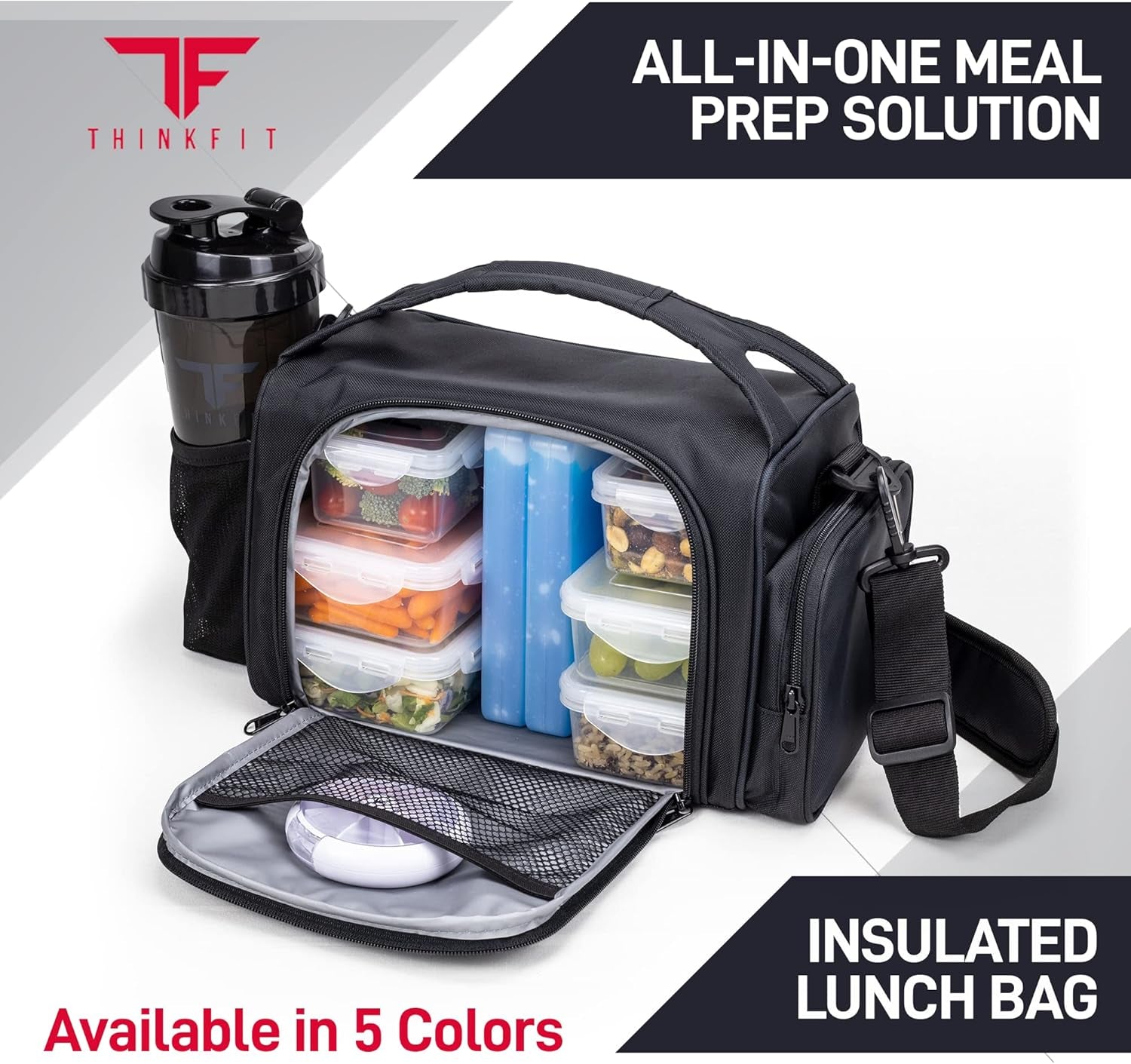 Insulated Meal Prep Lunch Box with 6 Bpa-Free, Reusable, Microwavable, Freezer Safe Food Portion-Control Containers, Shaker Cup, Pill Organizer, Lunch Bag with Storage Pocket - (Black)
