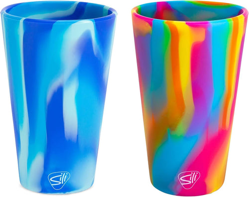 16Oz Silicone Pint Glass – Pack of 2 Unbreakable Bpa-Free Reusable Silicone Drinking Cup – Dishwasher Microwave & Freezer Safe – Stemless Glass for Coffee Smoothies (Arctic Sky&Hippy Hop)