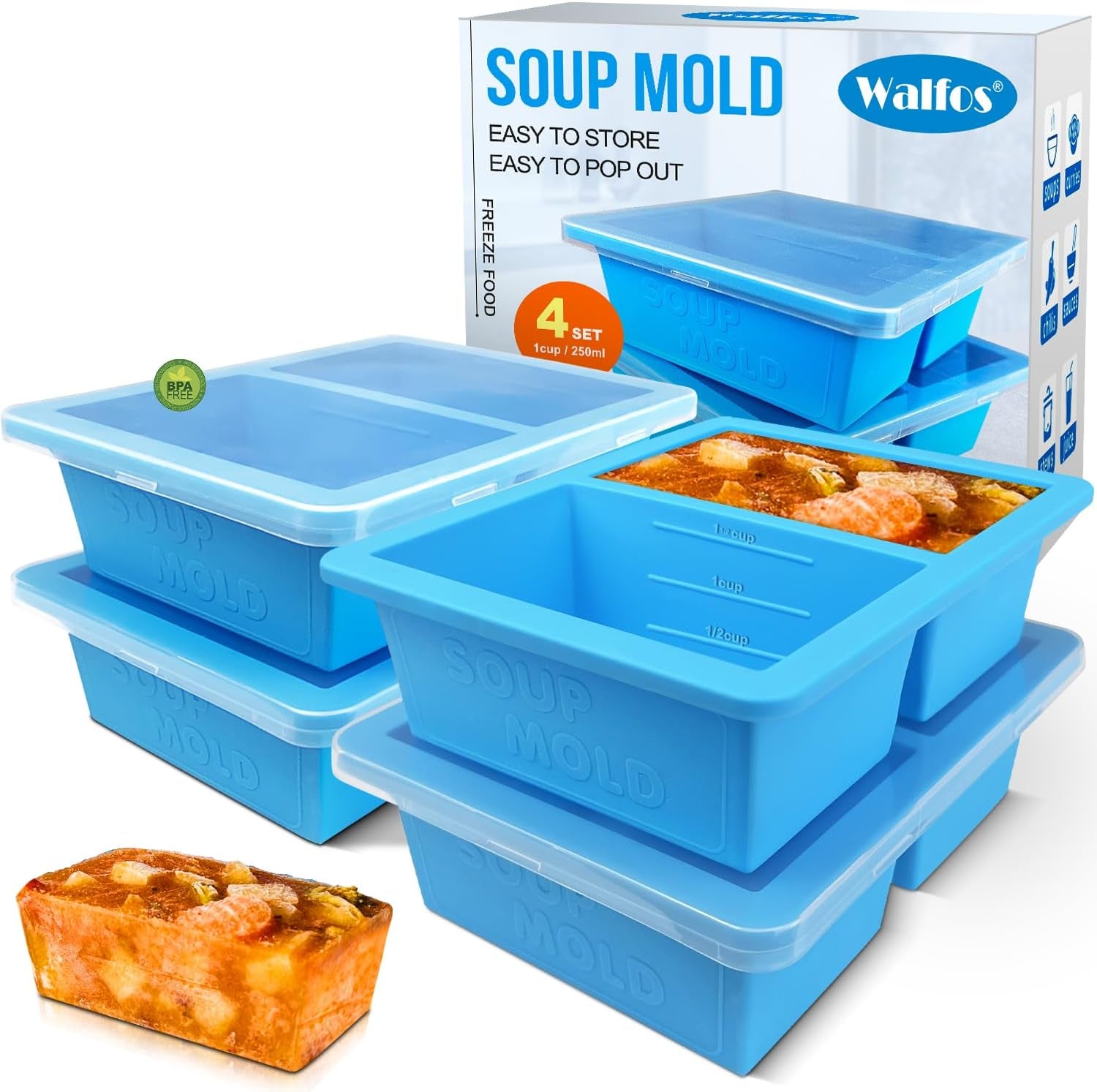 Silicone Freezer Tray with Lid - 1.5Cup Silicone Food Freezer Tray - Soup, Sauce, Leftovers, Homemade Meal Prep Freezing Kitchen Storage Containers - 4Pcs-Blue