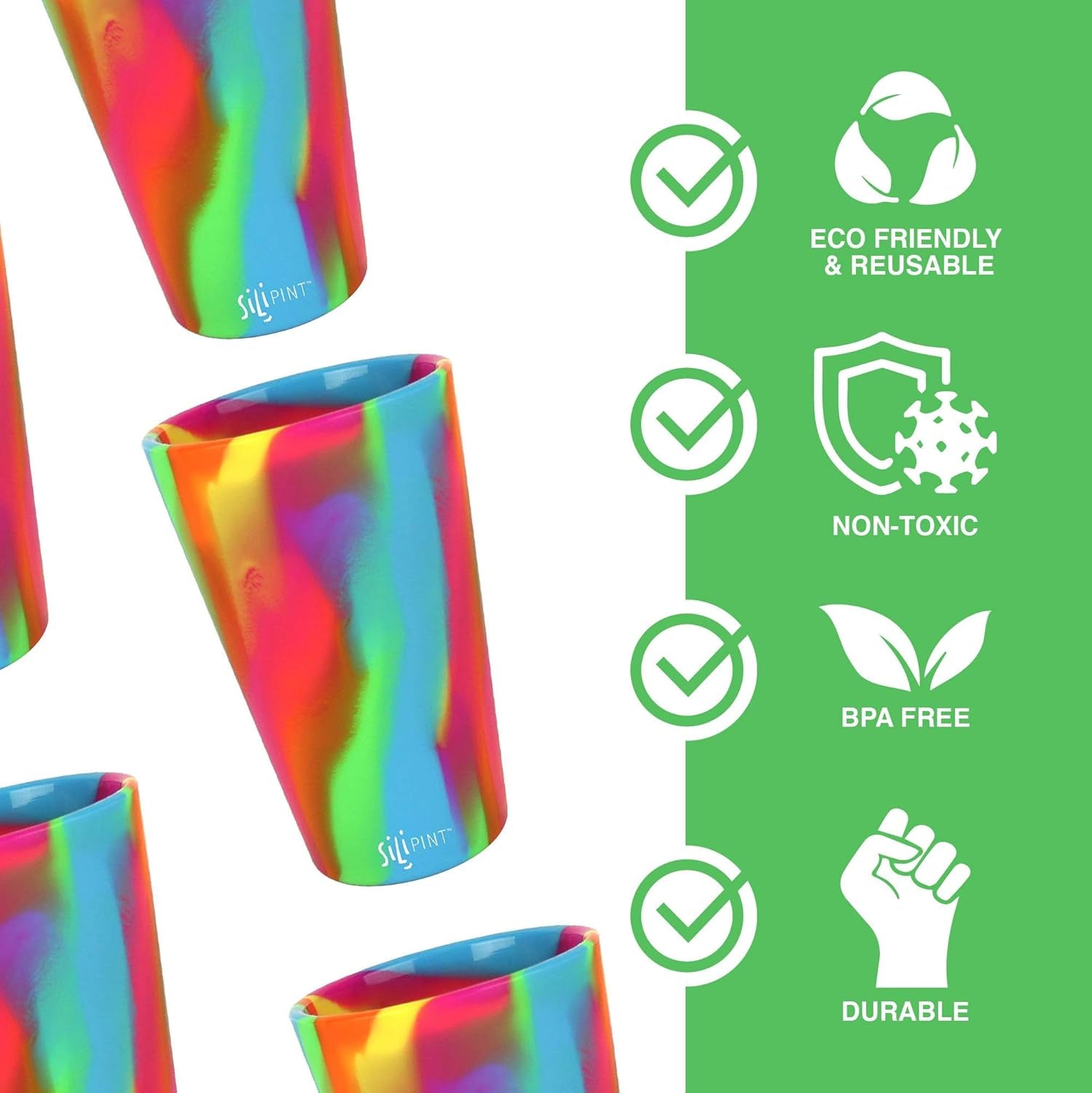 16Oz Silicone Pint Glass – Pack of 2 Unbreakable Bpa-Free Reusable Silicone Drinking Cup – Dishwasher Microwave & Freezer Safe – Stemless Glass for Coffee Smoothies (Arctic Sky&Hippy Hop)