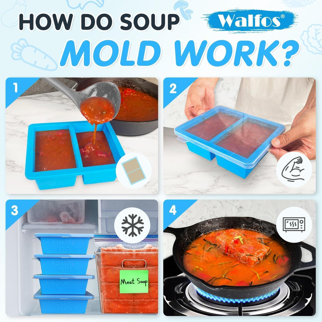 Silicone Freezer Tray with Lid - 1.5Cup Silicone Food Freezer Tray - Soup, Sauce, Leftovers, Homemade Meal Prep Freezing Kitchen Storage Containers - 4Pcs-Blue