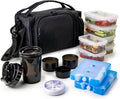 Insulated Meal Prep Lunch Box with 6 Bpa-Free, Reusable, Microwavable, Freezer Safe Food Portion-Control Containers, Shaker Cup, Pill Organizer, Lunch Bag with Storage Pocket - (Black)