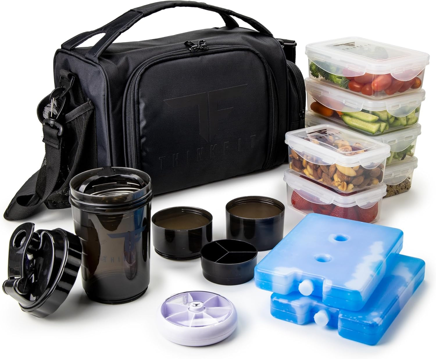 Insulated Meal Prep Lunch Box with 6 Bpa-Free, Reusable, Microwavable, Freezer Safe Food Portion-Control Containers, Shaker Cup, Pill Organizer, Lunch Bag with Storage Pocket - (Black)