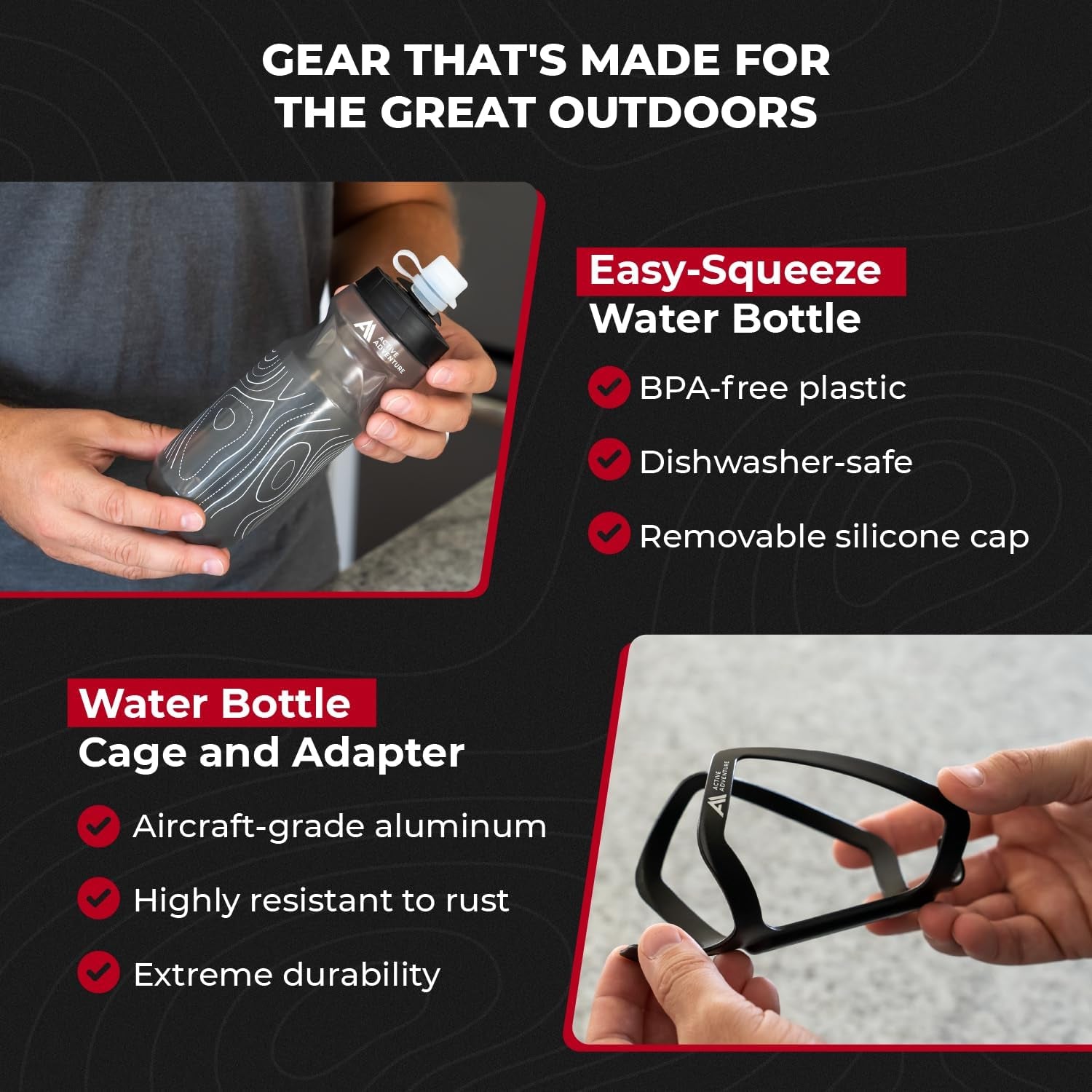 Bike Water Bottle Holder Combo - 20 Oz Squeeze Bottle & Bicycle Mount Cage Rack, No Screws Needed, Durable Alloy - Fits All Handlebar Bikes & MTB Mountain Road - for Adults, Kids (Black)